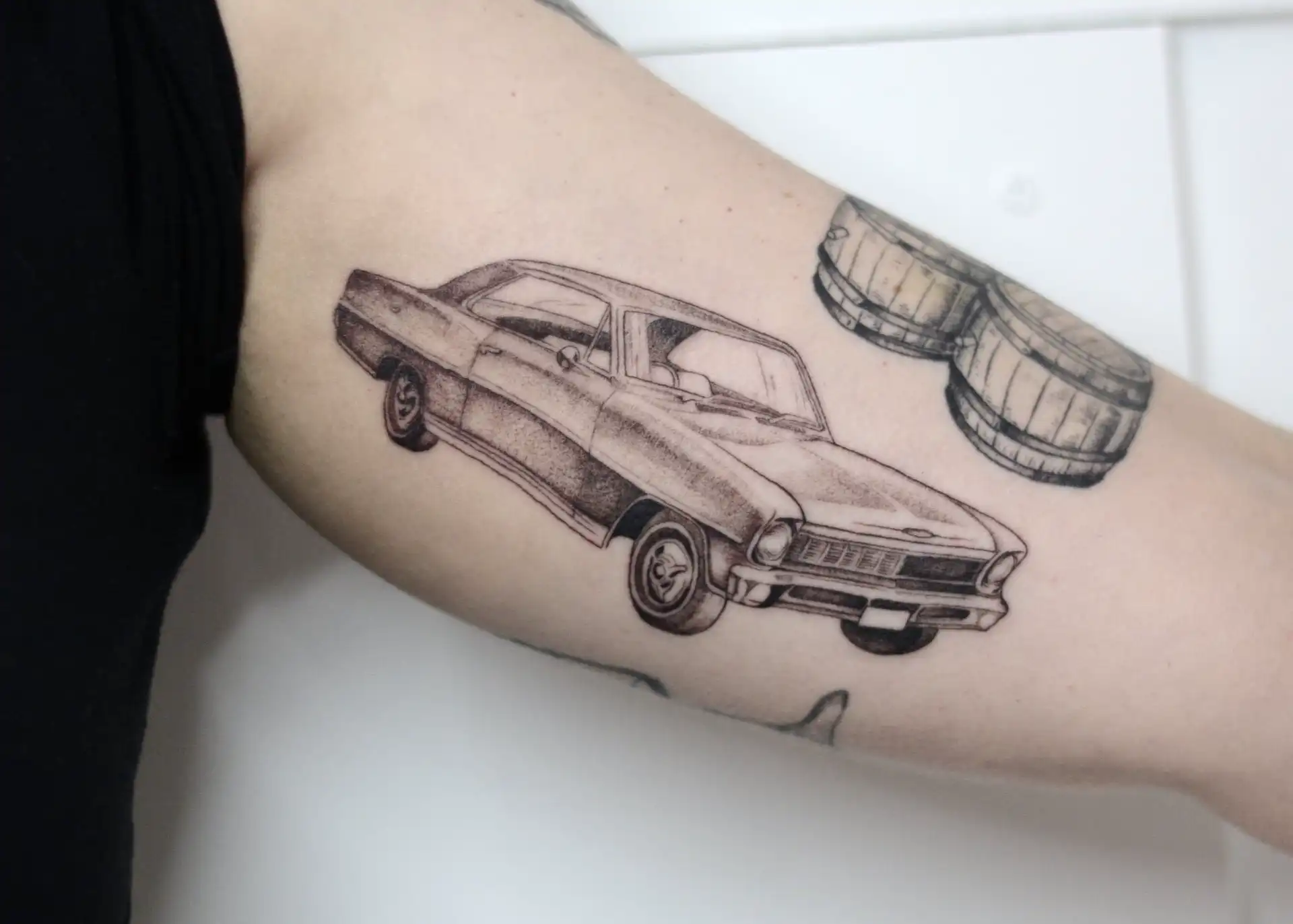 Car tattoo Fine Line Tattoos by Rorschach Tattoo Shop and Piercing Studio and Milk District Tattoo Shop Near Me